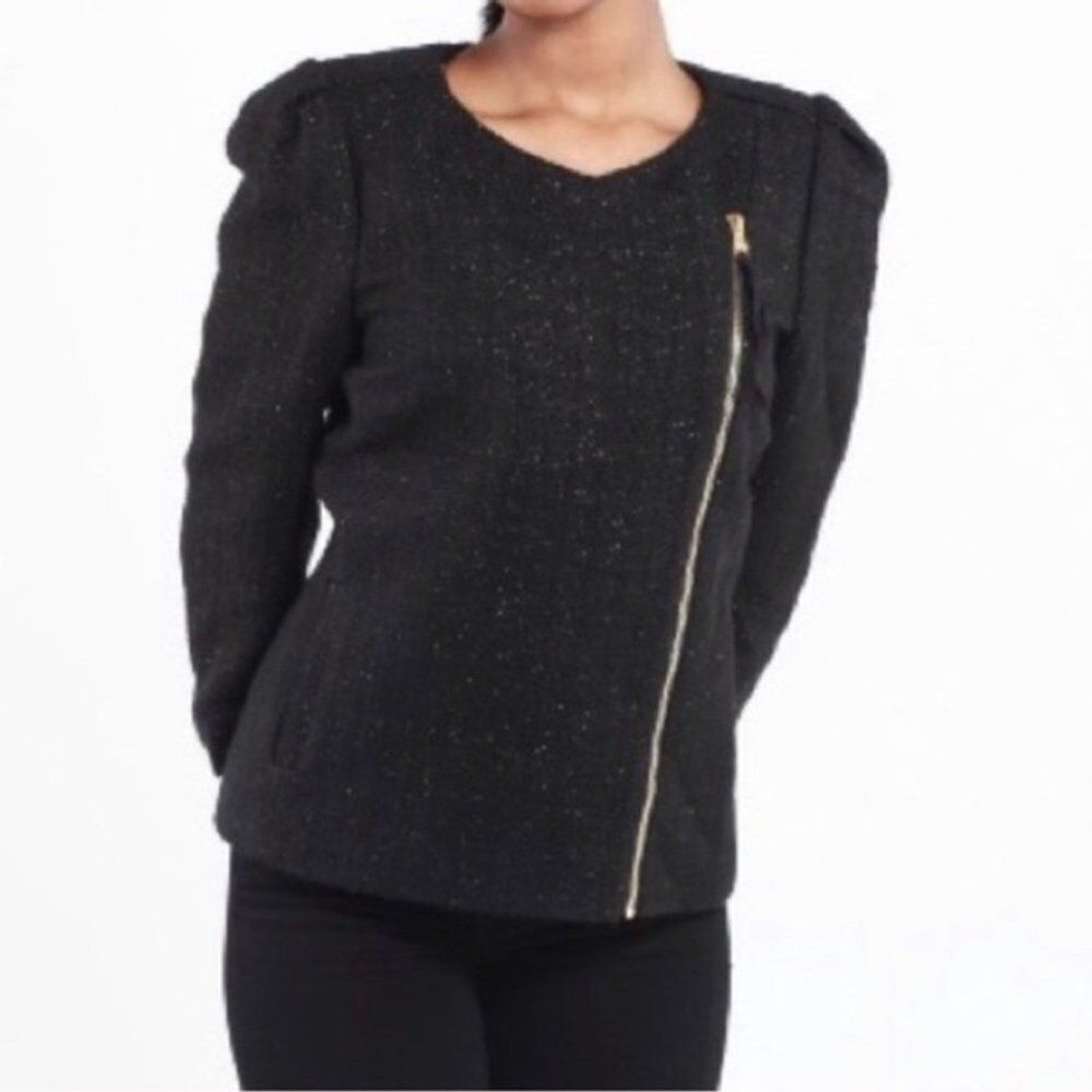 Ann Taylor Black Gold Metallic Wool Blend Tweed Jacket Asymmetric Zipper size 6